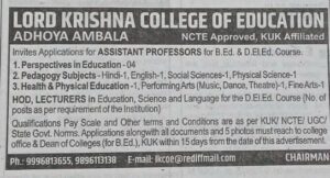 LORD KRISHNA COLLEGE OF EDUCATION ADHOYA AMBALA NCTE Approved, KUK Affiliated