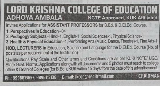 LORD KRISHNA COLLEGE OF EDUCATION ADHOYA AMBALA NCTE Approved, KUK Affiliated